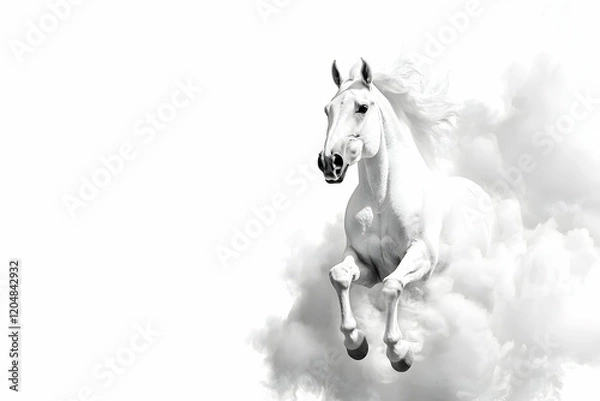 Obraz Majestic White Horse Leaping Through Soft Clouds in Bright Space