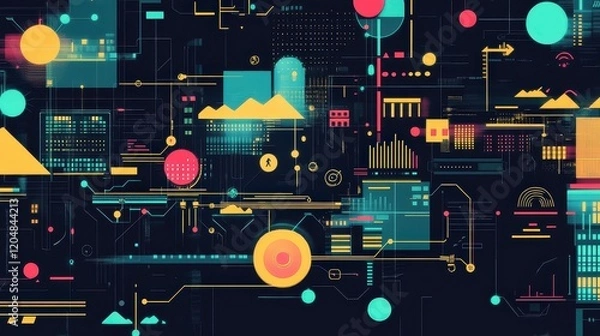 Fototapeta seamless IoT integration flat design top view futuristic theme animation colored pastel