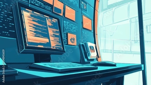 Fototapeta Secure digital technology flat design side view corporate theme cartoon drawing Complementary Color Scheme