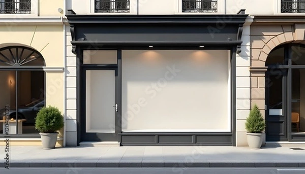 Fototapeta A small shop front mockup featuring a clean and modern facade with a large display window, set on a charming European street. Ideal for branding and business presentations