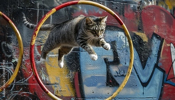 Fototapeta Action shot of a cat jumping through hoops with colorful urban graffiti in the background.