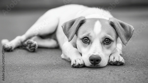 Obraz sad stray dog lying on ground, showcasing its expressive eyes, World spay day concept