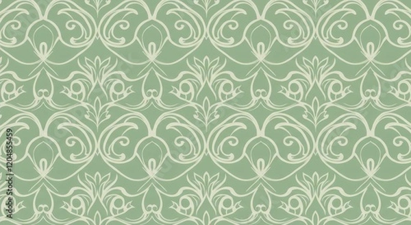 Fototapeta A minimalist arabesque floral pattern in elegant green and cream tones, designed as a seamless background, perfect for textiles, wallpapers, and decorative elements