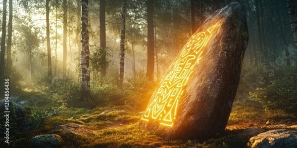 Fototapeta A large stone with glowing runes on forest with sunlight on background