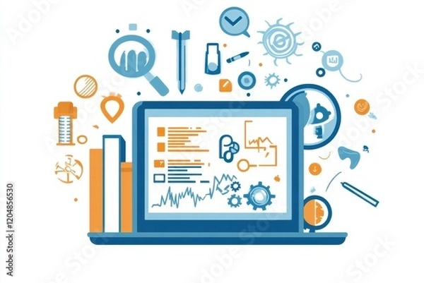 Fototapeta Vector Illustration of a Tablet Displaying Coding Concepts with Creative Elements and Colorful Icons Representing Technology and Data Analysis