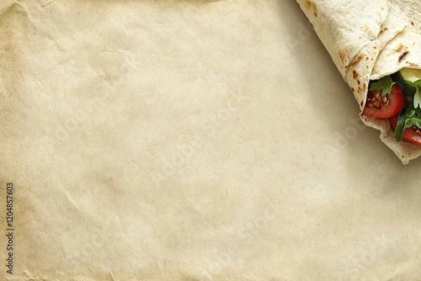 Fototapeta Soft and Textured Background with Copy Space Ideal for Food Photography Featuring Fresh Ingredients Wrapped in Tortilla on a Table