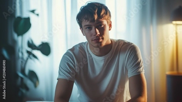 Fototapeta Young man posing indoors, window background, calm