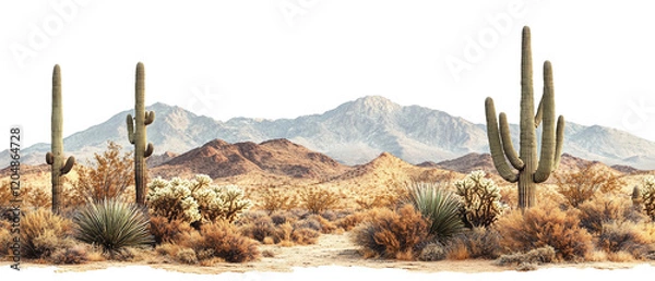 Obraz Desert cactuses with dry grass plants and mountains isolated on white background. Suitable for marketing or business purposes. Panoramic banner with place for text. PNG file