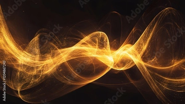 Fototapeta Dynamic flow of golden light waves abstract art digital creation dark background wide perspective energy concept