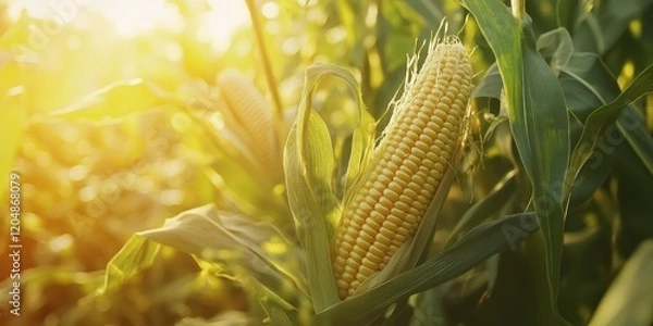 Obraz yellow corn on corn field, blur sunlight background