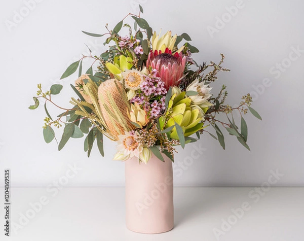 Obraz Beautiful floral arrangement of mostly Australian native flowers in a pink vase, including protea, banksia, eucalyptus leaves and wax flowers, on a white table with a white background.
