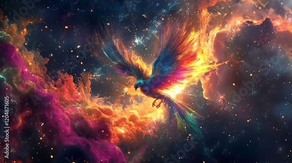 Fototapeta A mystical phoenix spirit animal rising from a cosmic flame