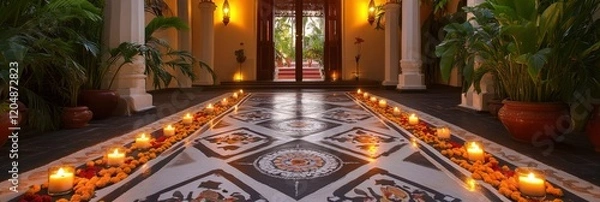 Fototapeta A beautifully decorated entrance to the villa, with marigolds and candles arranged in intricate patterns on the floor, creating an inviting atmosphere for guests.