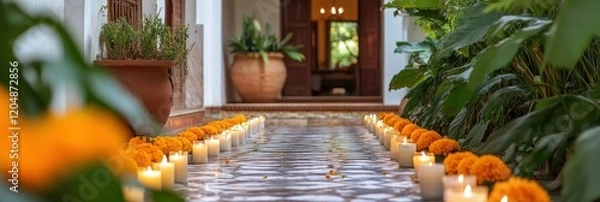 Fototapeta A beautifully decorated entrance to the villa, with marigolds and candles arranged in intricate patterns on the floor, creating an inviting atmosphere for guests.