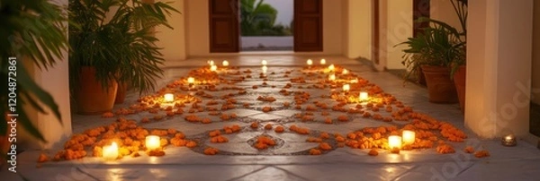 Fototapeta A beautifully decorated entrance to the villa, with marigolds and candles arranged in intricate patterns on the floor, creating an inviting atmosphere for guests.