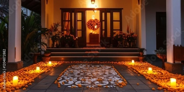 Fototapeta A beautifully decorated entrance to the villa, with marigolds and candles arranged in intricate patterns on the floor, creating an inviting atmosphere for guests.