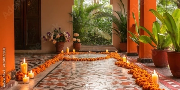 Fototapeta A beautifully decorated entrance to the villa, with marigolds and candles arranged in intricate patterns on the floor, creating an inviting atmosphere for guests.