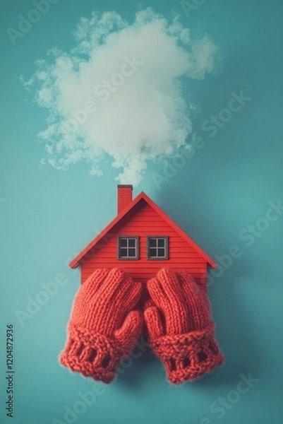 Fototapeta A red house with smoke coming out of the chimney is wrapped in knitted woolen cloth on blue background