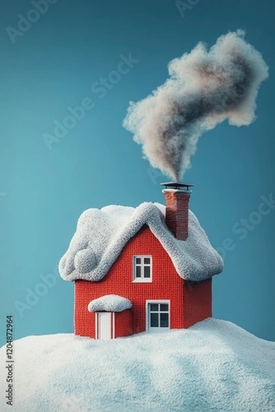 Fototapeta A red house with smoke coming out of the chimney is wrapped in knitted woolen cloth on blue background