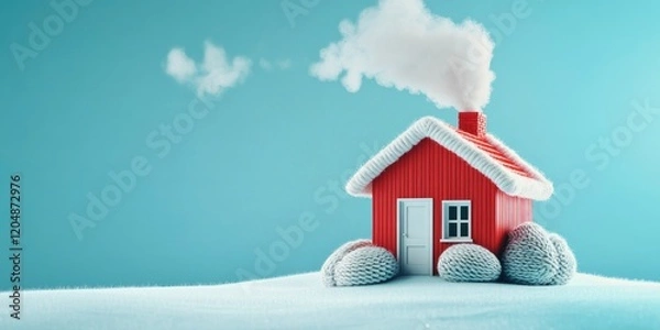 Fototapeta A red house with smoke coming out of the chimney is wrapped in knitted woolen cloth on blue background