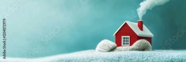 Fototapeta A red house with smoke coming out of the chimney is wrapped in knitted woolen cloth on blue background