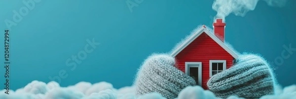 Fototapeta A red house with smoke coming out of the chimney is wrapped in knitted woolen cloth on blue background