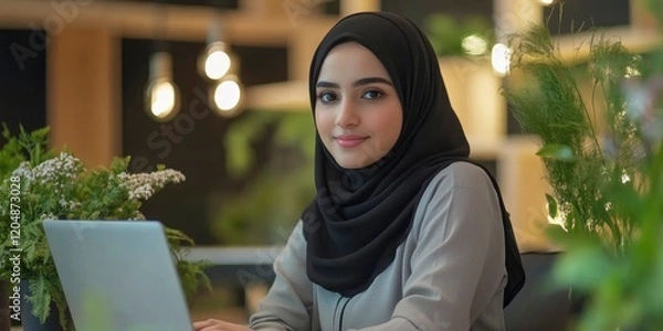 Fototapeta A young Muslim woman in a hijab is sitting at her laptop and working on digital marketing. The modern office background features green plants and flowers, blurred bokeh lights.