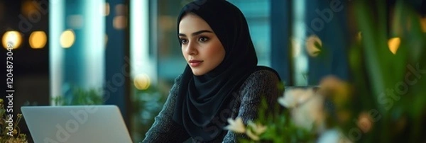 Fototapeta A young Muslim woman in a hijab is sitting at her laptop and working on digital marketing. The modern office background features green plants and flowers, blurred bokeh lights.
