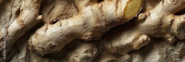 Fototapeta A close up of a piece of ginger root. The ginger root is covered in a thick layer of skin and has a few small bumps on it