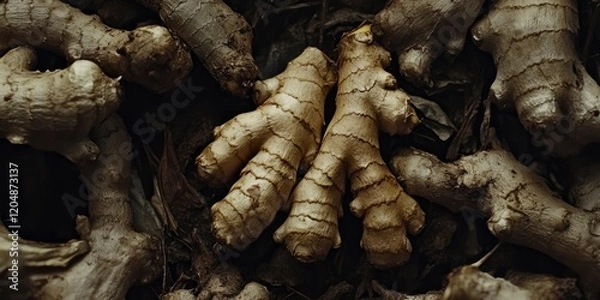 Fototapeta Close-up of ginger root, top view