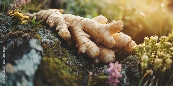 Fototapeta A bunch of ginger root is on a rock