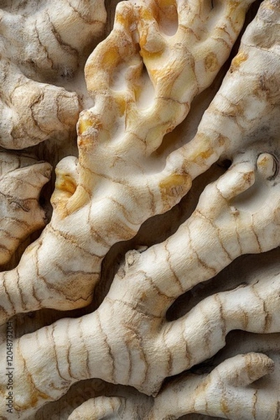 Fototapeta A close up of a ginger root, with its skin peeled away to reveal its white