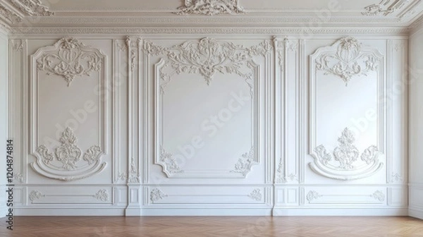 Fototapeta An empty room featuring classic style mouldings against a white wall.