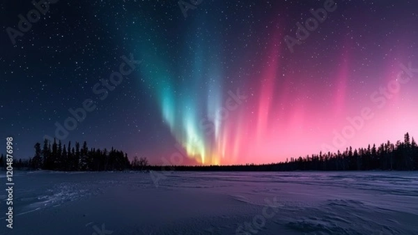 Fototapeta No people scenery focus concept. Vibrant auroras illuminate a starry night sky over a frozen landscape, creating a breathtaking natural spectacle.