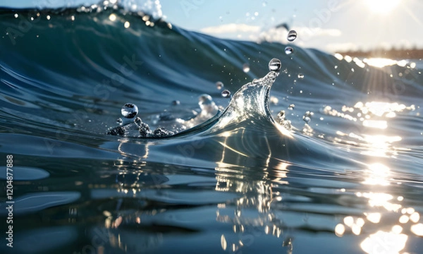 Fototapeta Water droplets create beautiful patterns on rippling splash water, reflecting sunlight, ideal for nature or environmental concept designs and projects