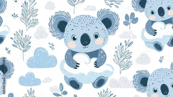 Fototapeta Cute cartoon koala character holding cloud in blue pastel color pattern design