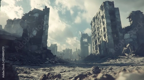 Obraz A desolate post-apocalyptic city landscape with ruined buildings and debris.