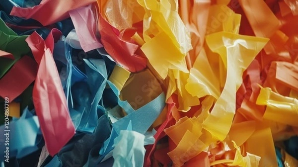 Fototapeta Sorting multicolored plastic scraps recycling facility macro photography industrial environment close-up waste management