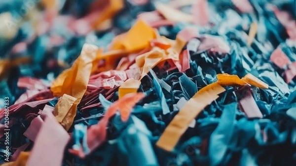 Fototapeta Sorting multicolored plastic scraps for recycling industrial facility close-up waste management environment sustainable initiative