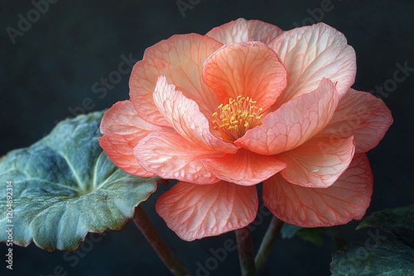 Obraz Delicate Coral Begonia Blossom With Green Leaves
