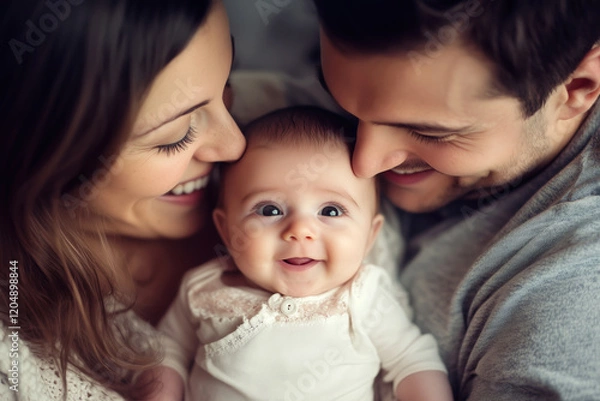 Fototapeta Happy Parents Smiling with a Miracle Baby, Capturing Joy of Parenthood, IVF Success, and Family Bonding in a Heartwarming Family Portrait