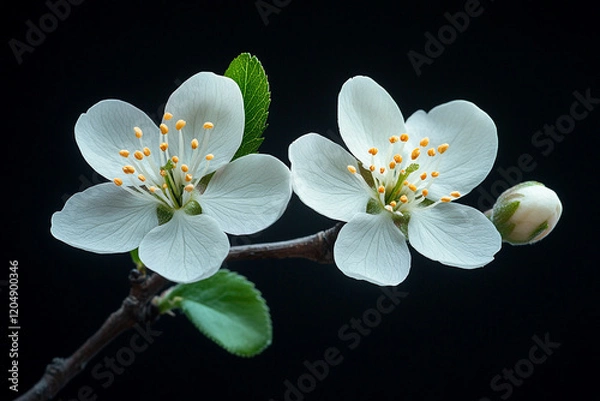 Obraz Delicate white blossoms on a branch against a black background