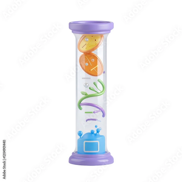 Fototapeta Cylindrical Column Displaying Cartoonish Scientific Elements in Clear Liquid