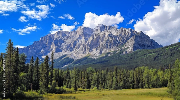 Fototapeta A rocky mountain range, dense forest, and blue sky with clouds