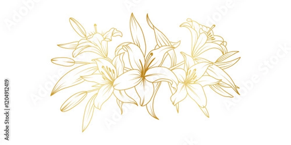 Obraz Golden lily flowers line art isolated on white background. Luxury lilies floral design elements for invitation, wedding, wallpaper, print template, vector illustration