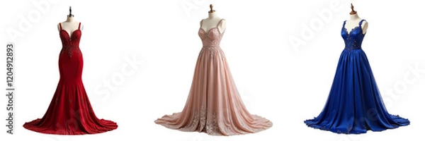 Fototapeta Three Elegant Evening Gowns Displayed on Mannequins