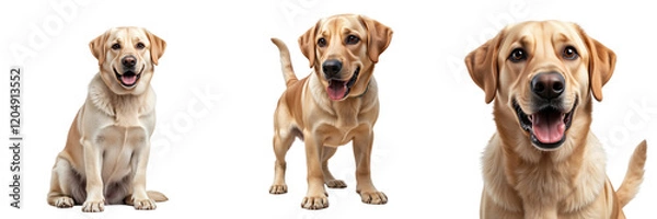 Fototapeta Three Happy Yellow Labrador Retrievers Show Joy and Playfulness