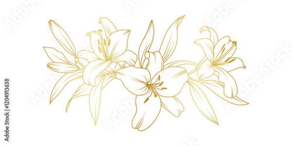 Obraz Golden lily flowers line art isolated on white background. Luxury lilies floral design elements for invitation, wedding, wallpaper, print template, vector illustration