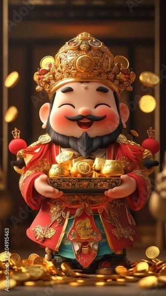 Obraz Smiling God of Wealth Holding Gold Ingots, Prosperity with Scattered Coins