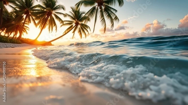 Fototapeta Tropical paradise: A vibrant sunset paints the sky above a palm-fringed beach, where the ocean meets the sand